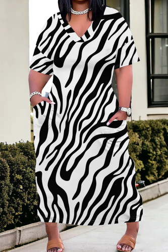 Black And White Casual Print Pocket Patchwork V Neck Straight Plus Size Dresses