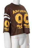 Brown Casual Print Patchwork O Neck Tops