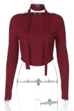 Burgundy Casual Solid Color Patchwork O Neck Tops