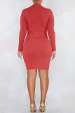 Grey Casual Solid Color Buttons Patchwork Half A Turtleneck Wrapped Skirt Dresses