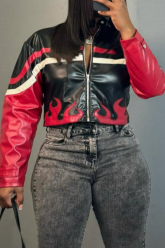Red Casual Patchwork Zipper Collar Outerwear