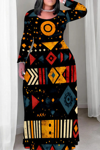 Multicolor Casual Print Patchwork O Neck Straight Plus Size Dresses