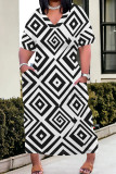 White Black Casual Print Pocket Patchwork V Neck Straight Plus Size Dresses
