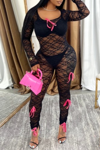 Black Sexy Hot Solid Color See-Through Bow Decor O Neck Skinny Jumpsuits