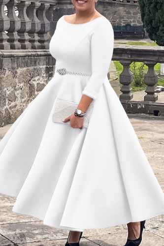 White Crewneck 3/4 Sleeve Peal Decor Belted A Line Formal Wedding Guest Midi Dress