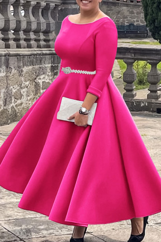 Rose Red Crewneck 3/4 Sleeve Peal Decor Belted A Line Formal Wedding Guest Midi Dress