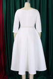 White Crewneck 3/4 Sleeve Peal Decor Belted A Line Formal Wedding Guest Midi Dress