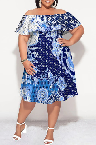 Deep Blue Sexy The stars Letter Print Ruffle Contrast Off Shoulder Printed Plus Size Dresses