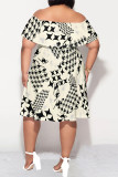 Blue White Sexy The stars Letter Print Ruffle Contrast Off Shoulder Printed Plus Size Dresses