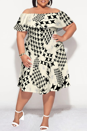 Beige Sexy The stars Letter Print Ruffle Contrast Off Shoulder Printed Plus Size Dresses