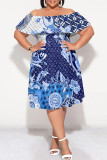 Blue White Sexy The stars Letter Print Ruffle Contrast Off Shoulder Printed Plus Size Dresses
