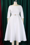White Crewneck 3/4 Sleeve Peal Decor Belted A Line Formal Wedding Guest Midi Dress