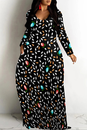 Black Casual Colorblock Floral Print O Neck Long Sleeve Straight Maxi Dresses