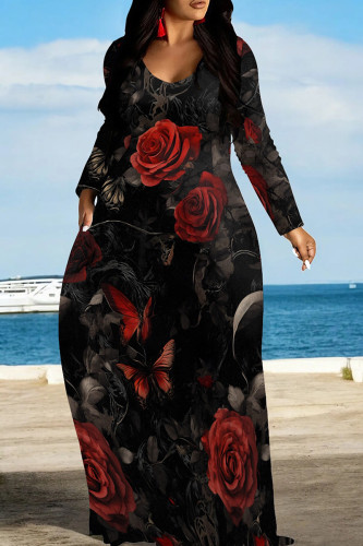 Black Red Floral Print O Neck Long Sleeve Pocket Vacation Casual Plus Size Loose Straight Maxi Dresses