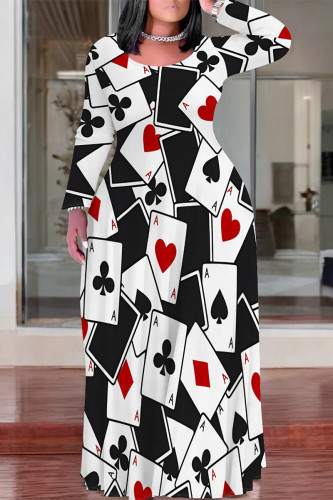 Black And White Casual Camouflage Print Stripe O Neck Long Sleeve Plus Size Straight Maxi Dresses