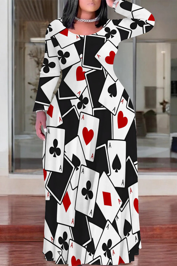 Black And White Casual Camouflage Print Stripe O Neck Long Sleeve Plus Size Straight Maxi Dresses