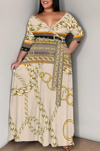 Multicolor Flowers Stripe Chain Print Lace Up Deep V Neck Plus Size Straight Maxi Dress