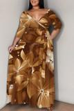 Beige Flowers Stripe Chain Print Lace Up Deep V Neck Plus Size Straight Maxi Dress