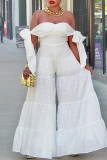 White Blus Off Shoulder Backless Bow Tie Sleeve Vacation Wide Leg Tube Top Jumpsuit