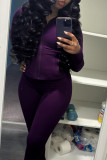 Purple Long Sleeve Zipper Top and Skinny Pant Activewear Two Piece Sweatpant Set for Fitness