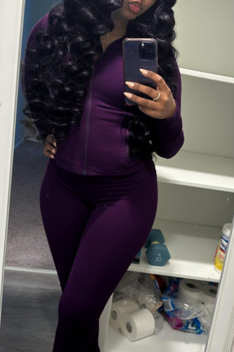 Purple Long Sleeve Zipper Top and Skinny Pant Activewear Two Piece Sweatpant Set for Fitness