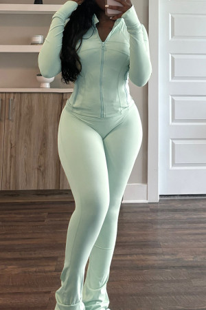 Cyan Long Sleeve Zipper Top and Skinny Pant Activewear Two Piece Sweatpant Set for Fitness