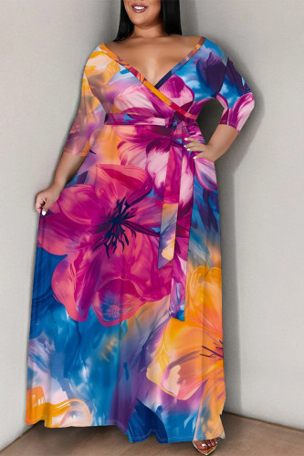 Colour Flowers Stripe Chain Print Lace Up Deep V Neck Plus Size Straight Maxi Dress