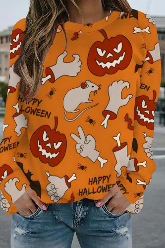 Orange Halloween Pumpkin Print Long Sleeve Cozy Sweatshirt Autumn Top Graphic Pullover