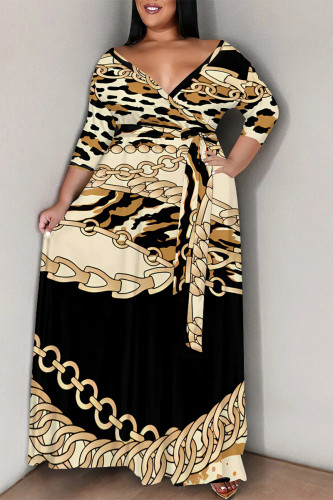 Leopard Print Flowers Stripe Chain Print Lace Up Deep V Neck Plus Size Straight Maxi Dress