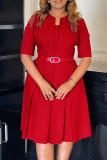 Red Half Sleeve Slit With Belt A Line Knee Length Formal Office Lady Pleated Midi Dress