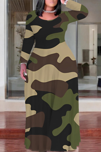 Camouflage Casual Camouflage Print Stripe O Neck Long Sleeve Plus Size Straight Maxi Dresses