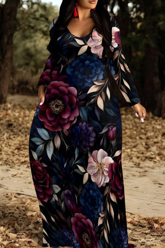 Tibetan Blue Floral Print O Neck Long Sleeve Pocket Vacation Casual Plus Size Loose Straight Maxi Dresses