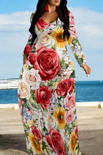 White Red Floral Print O Neck Long Sleeve Pocket Vacation Casual Plus Size Loose Straight Maxi Dresses