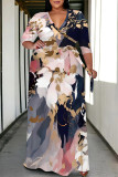 Beige Flowers Stripe Chain Print Lace Up Deep V Neck Plus Size Straight Maxi Dress
