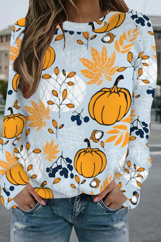 Light Blue Halloween Pumpkin Print Long Sleeve Cozy Sweatshirt Autumn Top Graphic Pullover