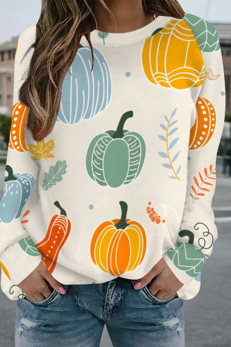 Apricot Halloween Pumpkin Print Long Sleeve Cozy Sweatshirt Autumn Top Graphic Pullover