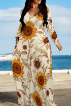 Cream White Floral Print O Neck Long Sleeve Pocket Vacation Casual Plus Size Loose Straight Maxi Dresses