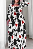 Red Casual Camouflage Print Stripe O Neck Long Sleeve Plus Size Straight Maxi Dresses