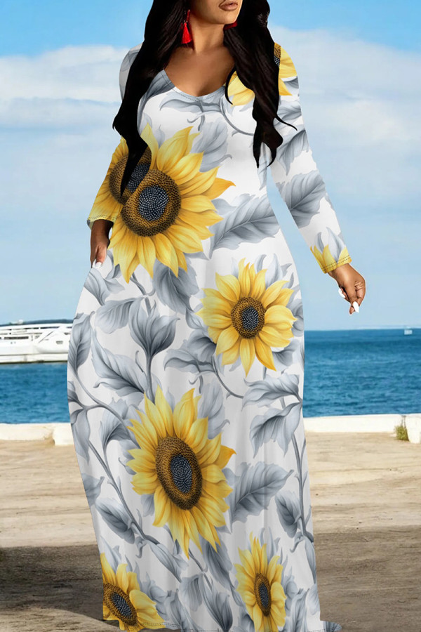 Grayish Yellow Floral Print O Neck Long Sleeve Pocket Vacation Casual Plus Size Loose Straight Maxi Dresses