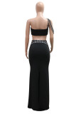 Red Sexy Patchwork Backless Rhinestone Decor Oblique Collar Sleeveless Two Pieces