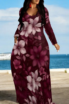 Burgundy Floral Print O Neck Long Sleeve Pocket Vacation Casual Plus Size Loose Straight Maxi Dresses