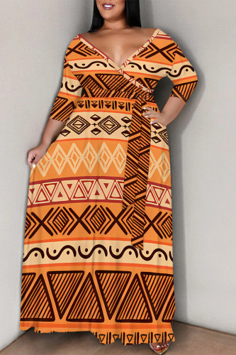Orange Flowers Stripe Chain Print Lace Up Deep V Neck Plus Size Straight Maxi Dress