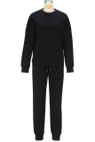 Black Crewneck Long Sleeve Sweatshirt and Draw String Skinny Pant Casual Two Piece Jogging Set