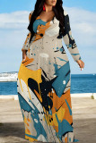 Light Khaki Casual Colorblock Floral Print O Neck Long Sleeve Straight Maxi Dresses