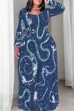 Red Casual Camouflage Print Stripe O Neck Long Sleeve Plus Size Straight Maxi Dresses