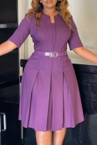 Purple Half Sleeve Slit With Belt A Line Knee Length Formal Office Lady Pleated Midi Dress
