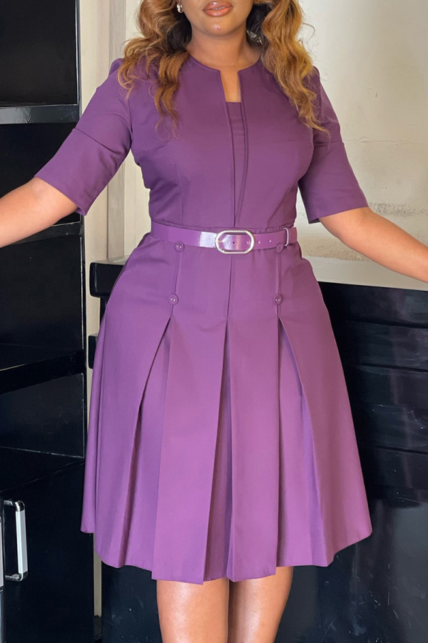 Purple Half Sleeve Slit With Belt A Line Knee Length Formal Office Lady Pleated Midi Dress