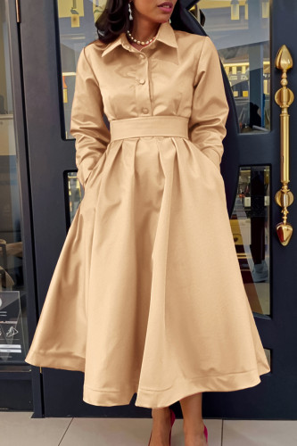 Khaki Long Sleeve Lapel Collart Slit Belt A Line Formal Shirt Maxi Swing Dress