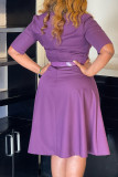 Red Half Sleeve Slit With Belt A Line Knee Length Formal Office Lady Pleated Midi Dress