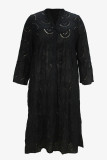 Black Eyelet V Neck Lantern Sleeve Loose Fit Casual Summer Plus Size Boho Maxi Dress